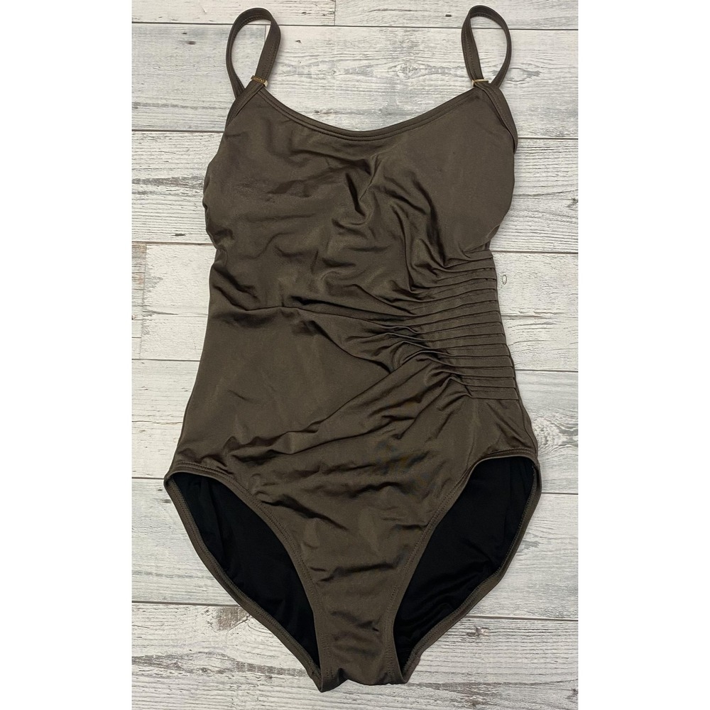 Calvin Klein Swimsuit One Piece Womens 4 Brown Ruched Tank Spaghetti Straps